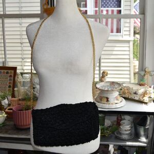 Vintage Miriam Lefcourt Italy Black Macrame Evening Bag Gold Chain Purse